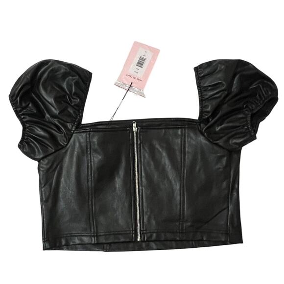 Avec Les Filles LARGE Faux Leather Puffy Sleeve Zipper Back Square Neck Crop Top - Picture 12 of 13